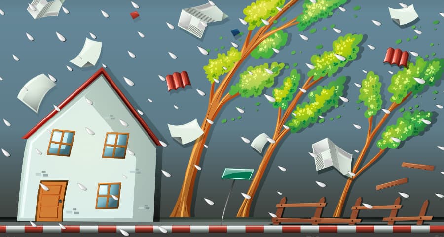 Illustration of a storm affecting a home and surrounding environment